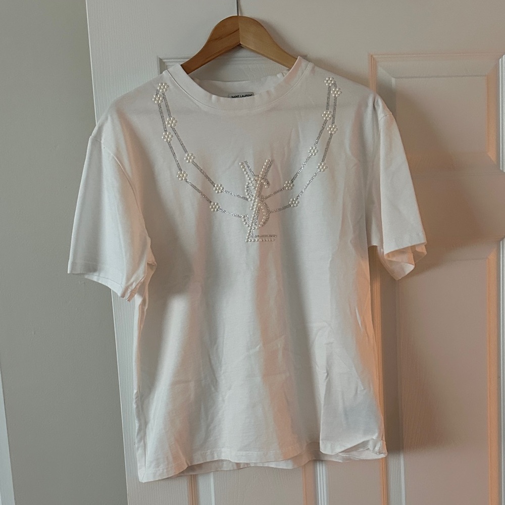 Yves Saint Laurent White Tee with Pearl Embellishments